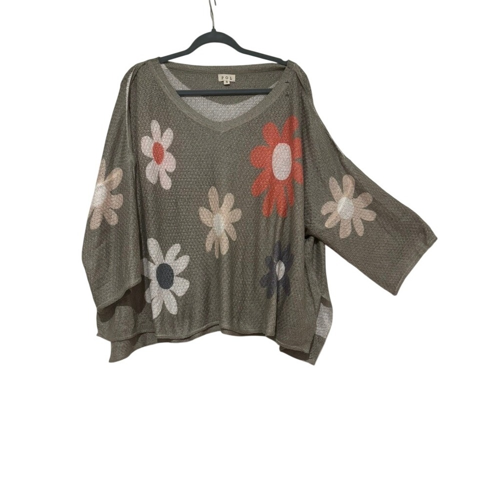 POL oversized S olive floral 3/4 sleeve boho hippie festival sweater P